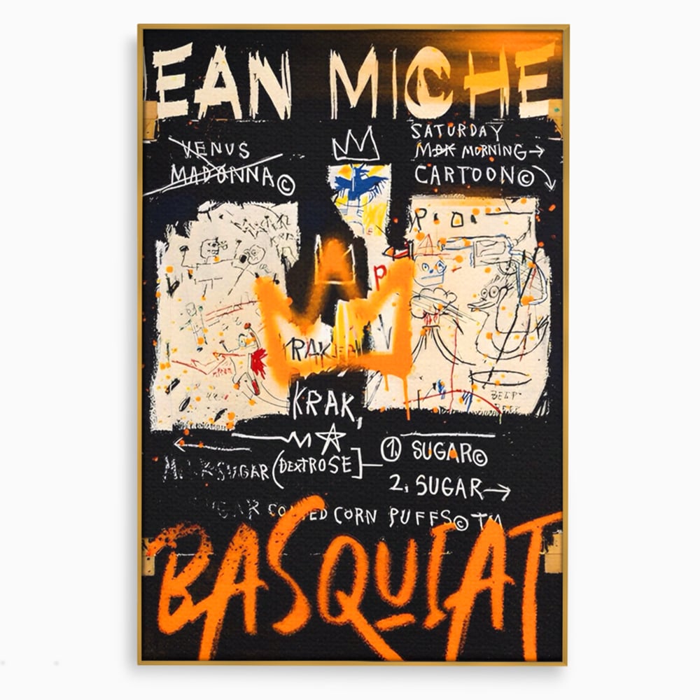 Tablou canvas cu tablou canvas cu arta graffiti jean-michel basquiat, in rama de aluminiu auriu
